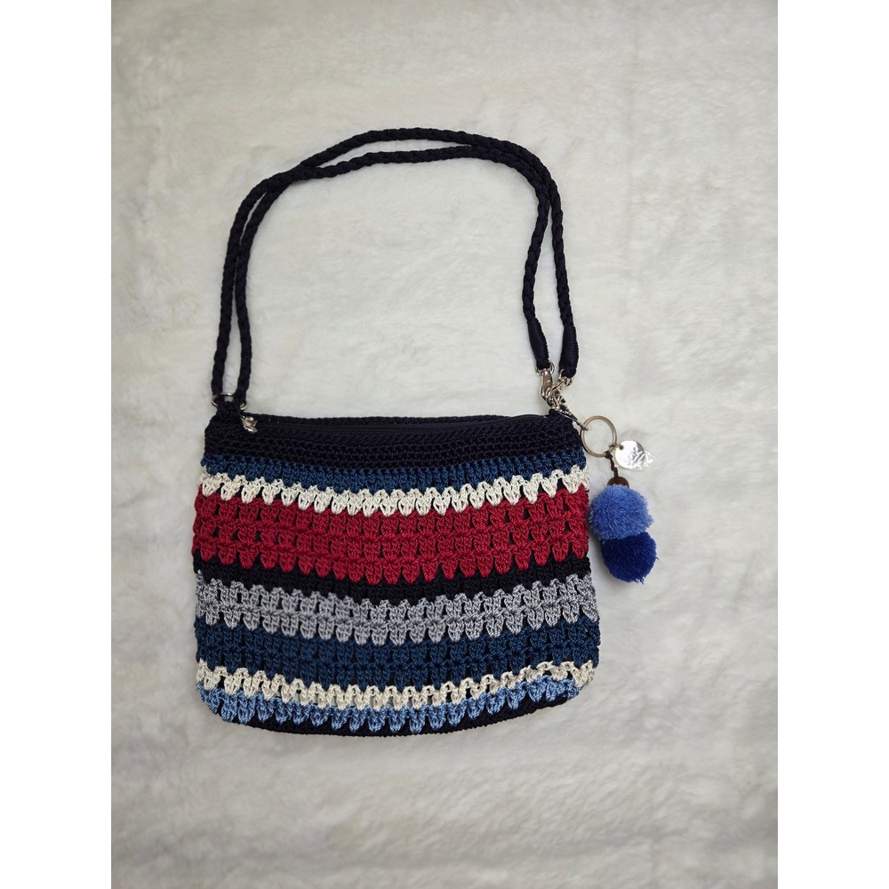 The Sak Originals Crochet Crossbody Bag Navy Red Striped Pom Charm Boho NWOT